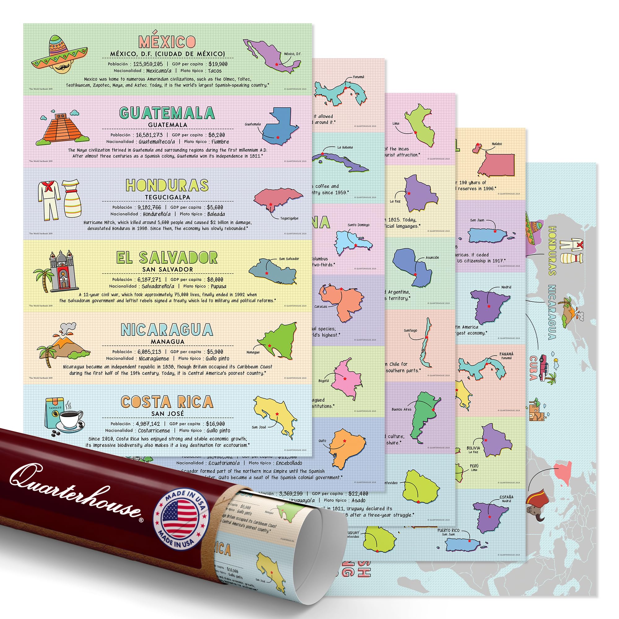 Quarterhouse 5 Poster Spanish Language Countries (with Map) Set, Spanish Classroom Learning Materials for K-12 Students and Teachers, 12 x 18 Inches, Made in USA