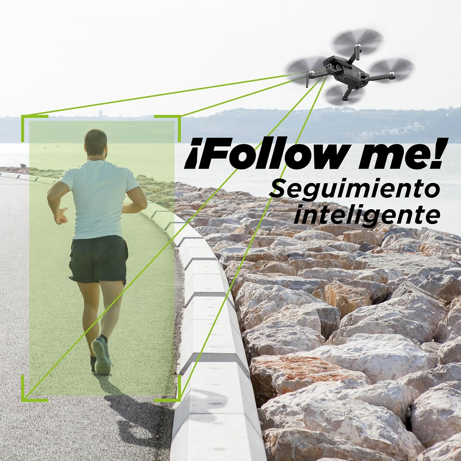 Drone following a person running along a rocky shore