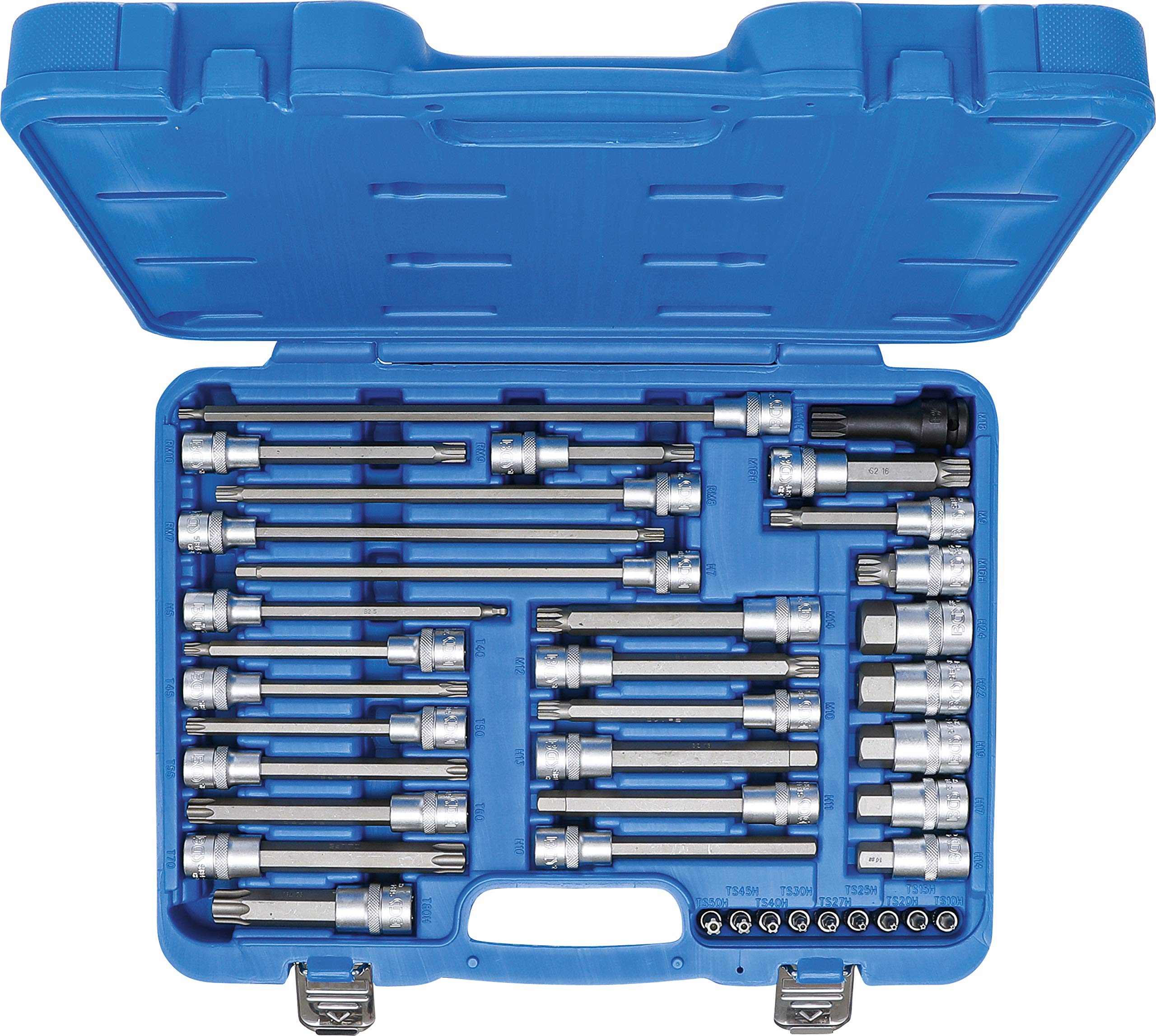 BGS 5184 | Juego de puntas de vaso | especial automóvil | 38 piezas | Perfil en T (para Torx) con orificio, dentado interno, perfil de cuña (para RIBE), hexagonal, perfil TS (para Torx Plus)