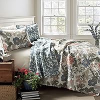Lush Decor Sydney Reversible 100% Cotton Quilt Set Full/Queen Green Blue Floral 3-Piece Cottage Bedding