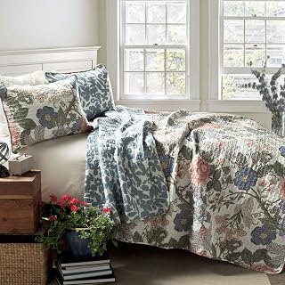Lush Decor Sydney Reversible 100% Cotton Quilt Set Full/Queen Green Blue Floral 3-Piece Cottage Bedding