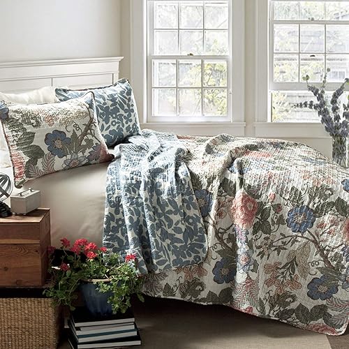 Lush Decor Sydney Reversible Cotton Quilt Set, 3 Piece Set, Full/ Queen, Green & Blue - Cotton Bedding Set - Blue Floral Quilt - Cottage Decor - Bedding Queen Size