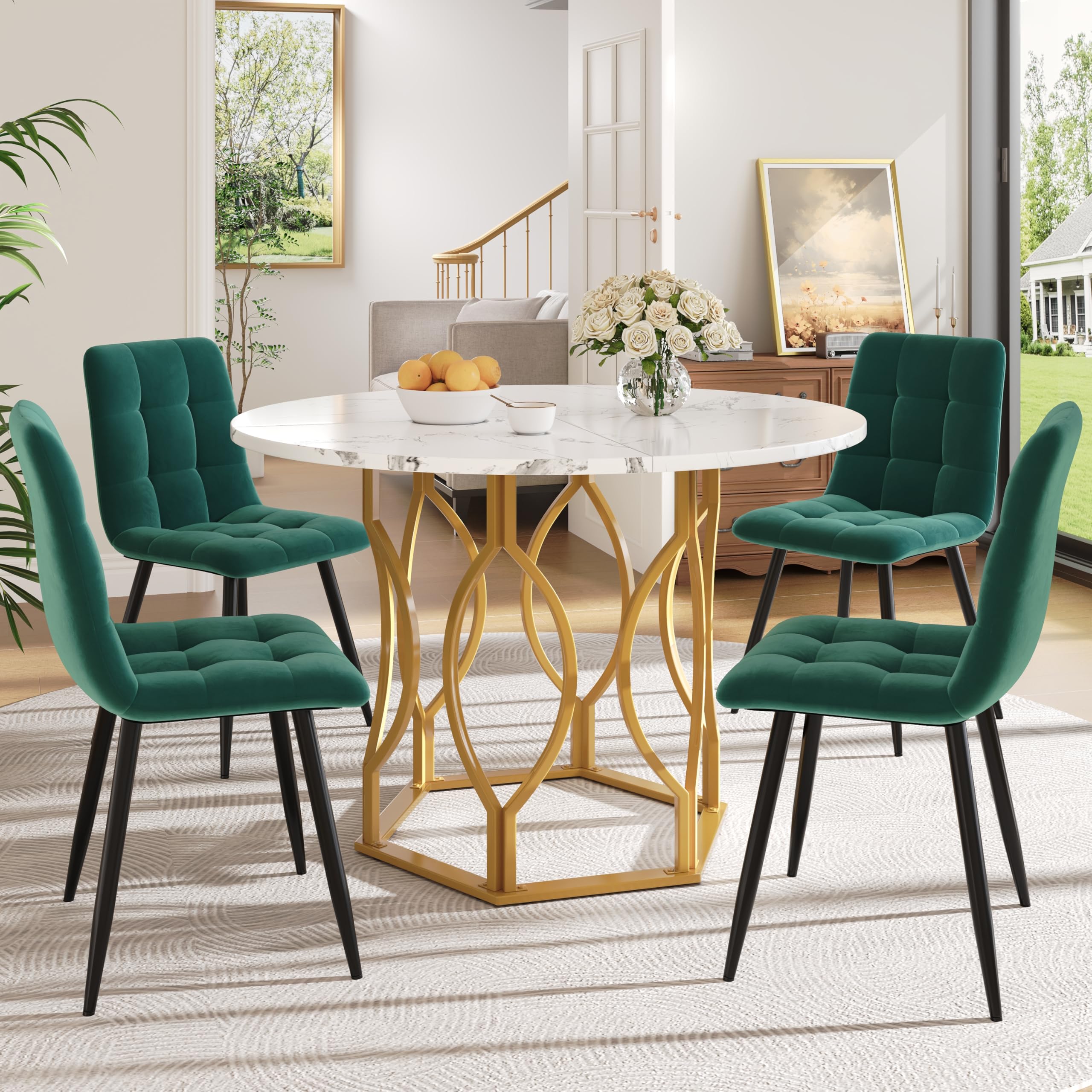 Essgruppe Esstisch mit 4 Stühlen Set für 4 Personen, Esstisch Rund 100x100x76 cm mit Goldenen Metallbeinen und 4 Grün Samt Esszimmerstühle, Weiße Tischplatte, Esszimmermöbel, Küchenmöbel
