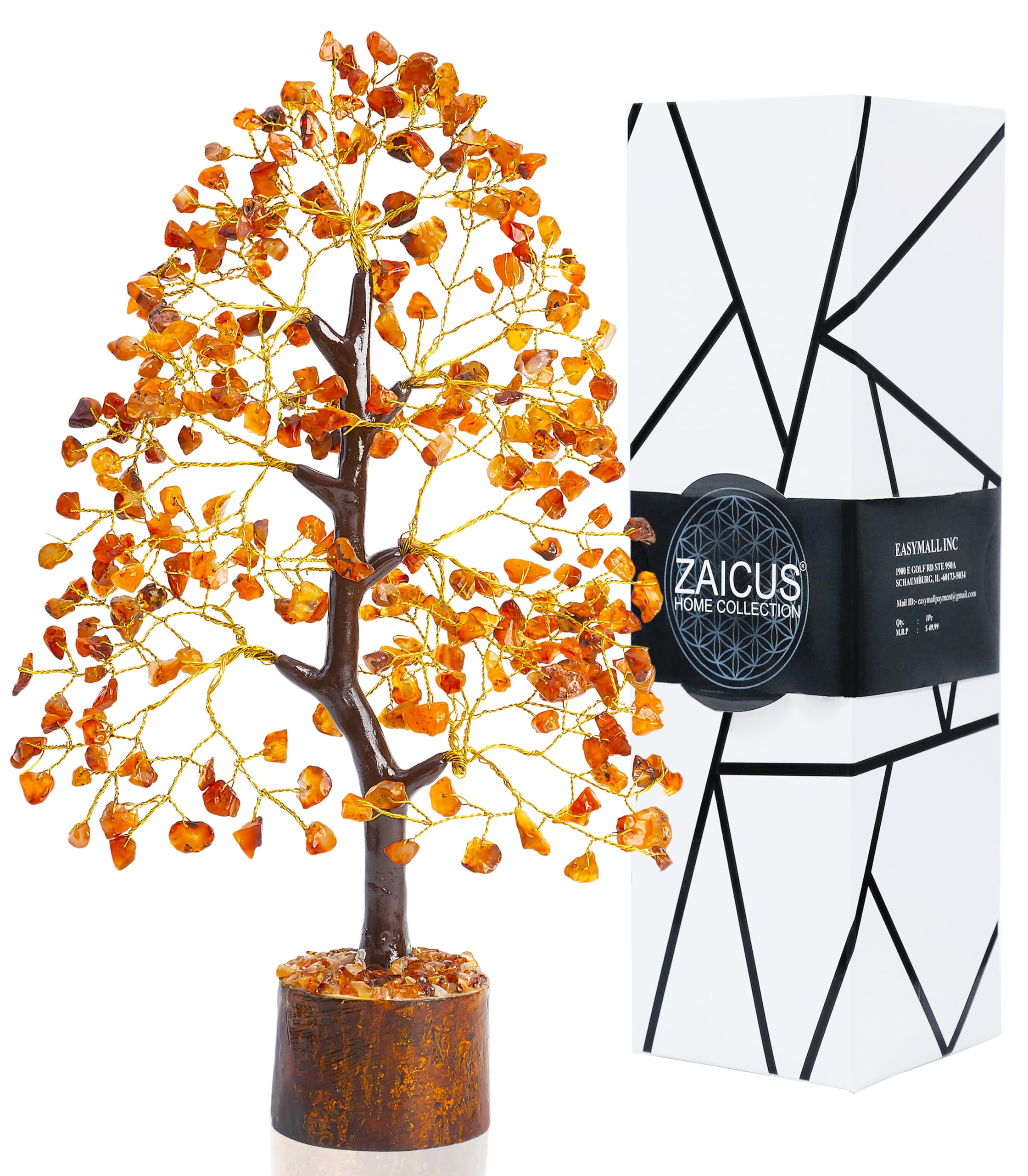 ZAICUS Carnelian Stone Chakra Tree of Life - Feng Shui Crystal Bonsai Money Tree - Handmade Golden Wire Home Office Table Decoration Ornament - 10-12 Inch