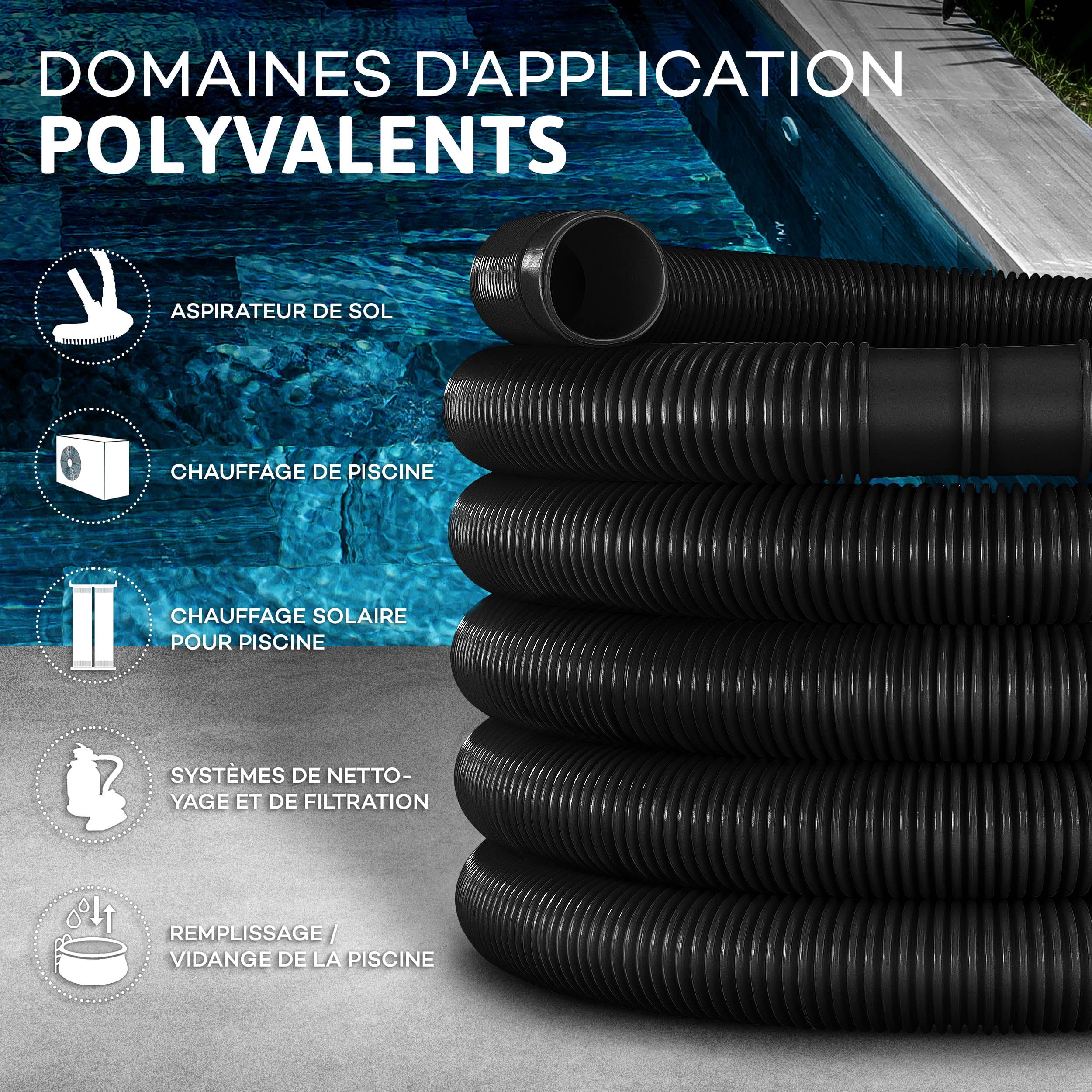 Tillvex Tuyau pour piscine avec manchons, solaire, pour piscine et bassin, pour aspiration, pour pompe, flexible pour eau (noir, 30 m / 38 mm)