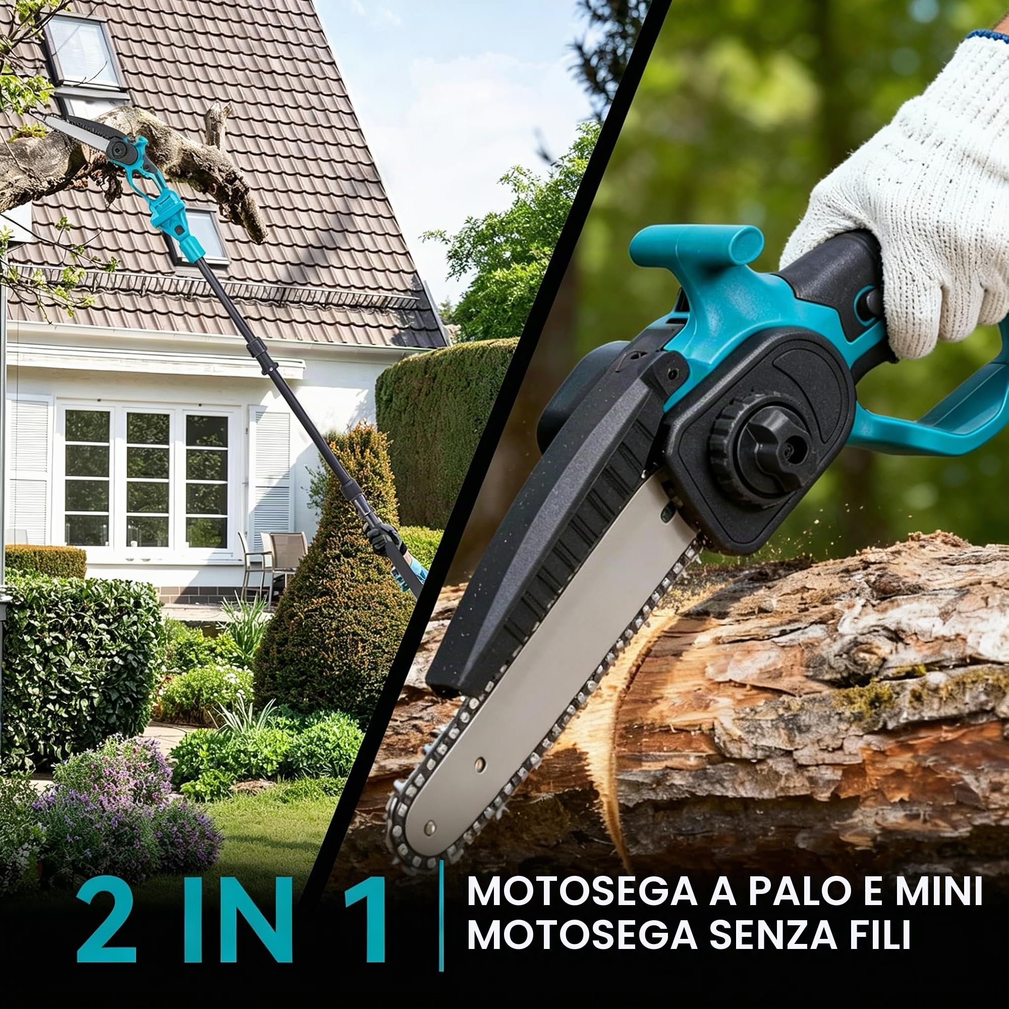 Yofidra 2 in 1 Motosega a Batteria Telescopica, Asta rimovibile 2,4 m | Motosega da Potatura Elettrica, 2 Batterie da 3.0Ah, Sega a Batteria per Potatura Rami e Potare Alberi