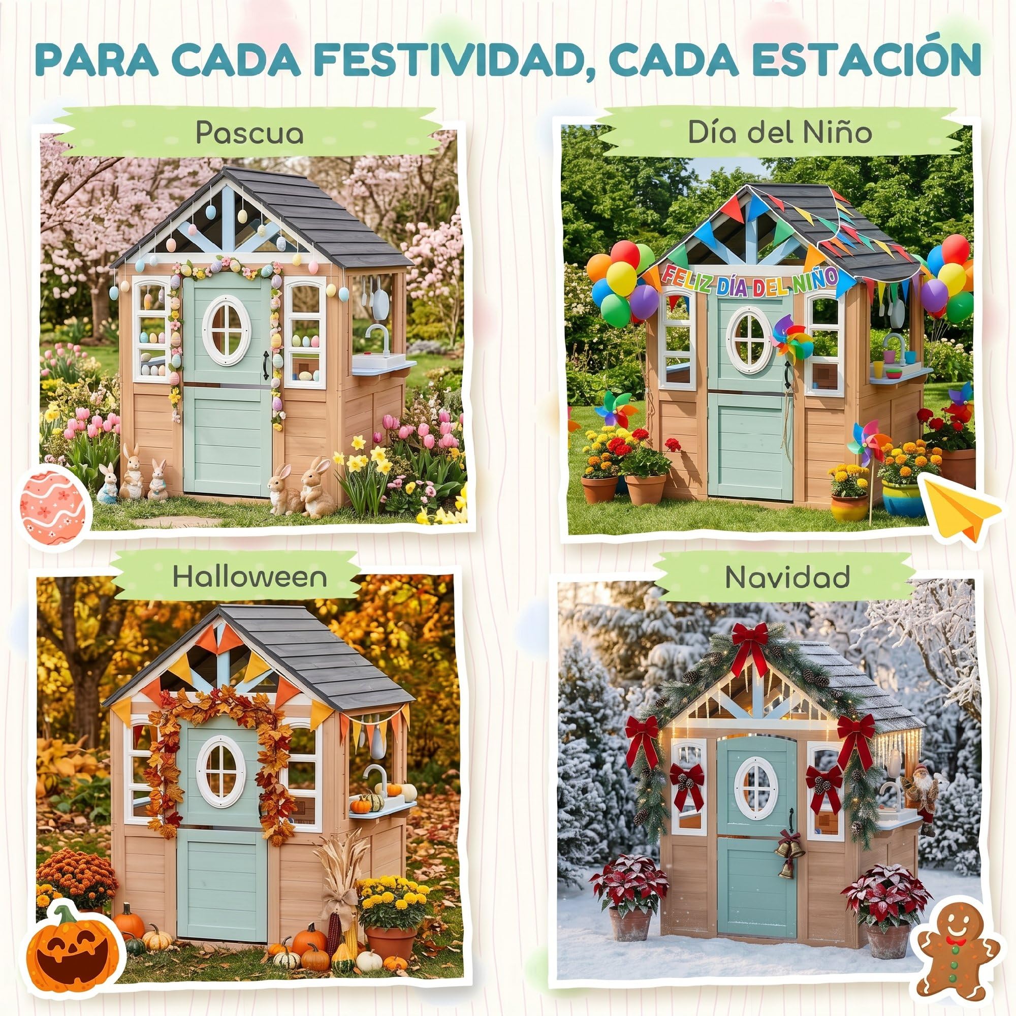 AIYAPLAY Casetta per bambini all'aperto e interno in legno, casetta per bambini, con porta per animali domestici, cucina giocattolo, mezza porta e finestre, casa da giardino per bambini di +2 anni