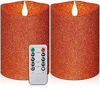 Retisee 2 Pcs Glitter Flameless Candles, 3.5'' x 5'' Realistic Artificial Metallic Flame LED Candles Battery Operated Candle with Remote for Halloween, Christmas, Wedding, Birthday (Orange)