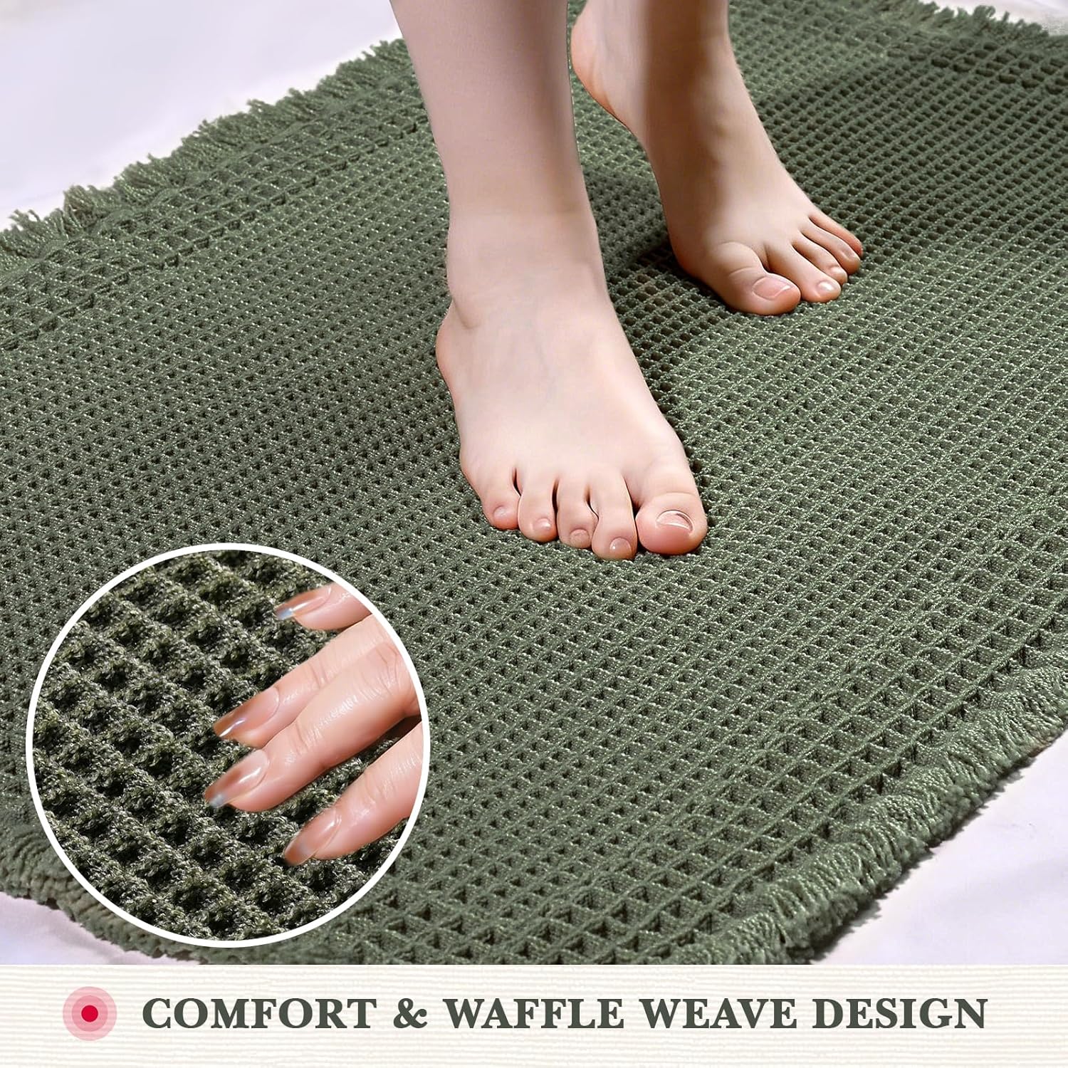 Waffle Bath Mat, Modern Woven Absorbent Non Slip Bathroom Rugs, Machine Washable Bath Rugs, Quick-Drying Bathroom Mats, Boho Tassel Style Suitable For Bathroom Floor, Green, 24"X17"+36"X24"+48"X24"