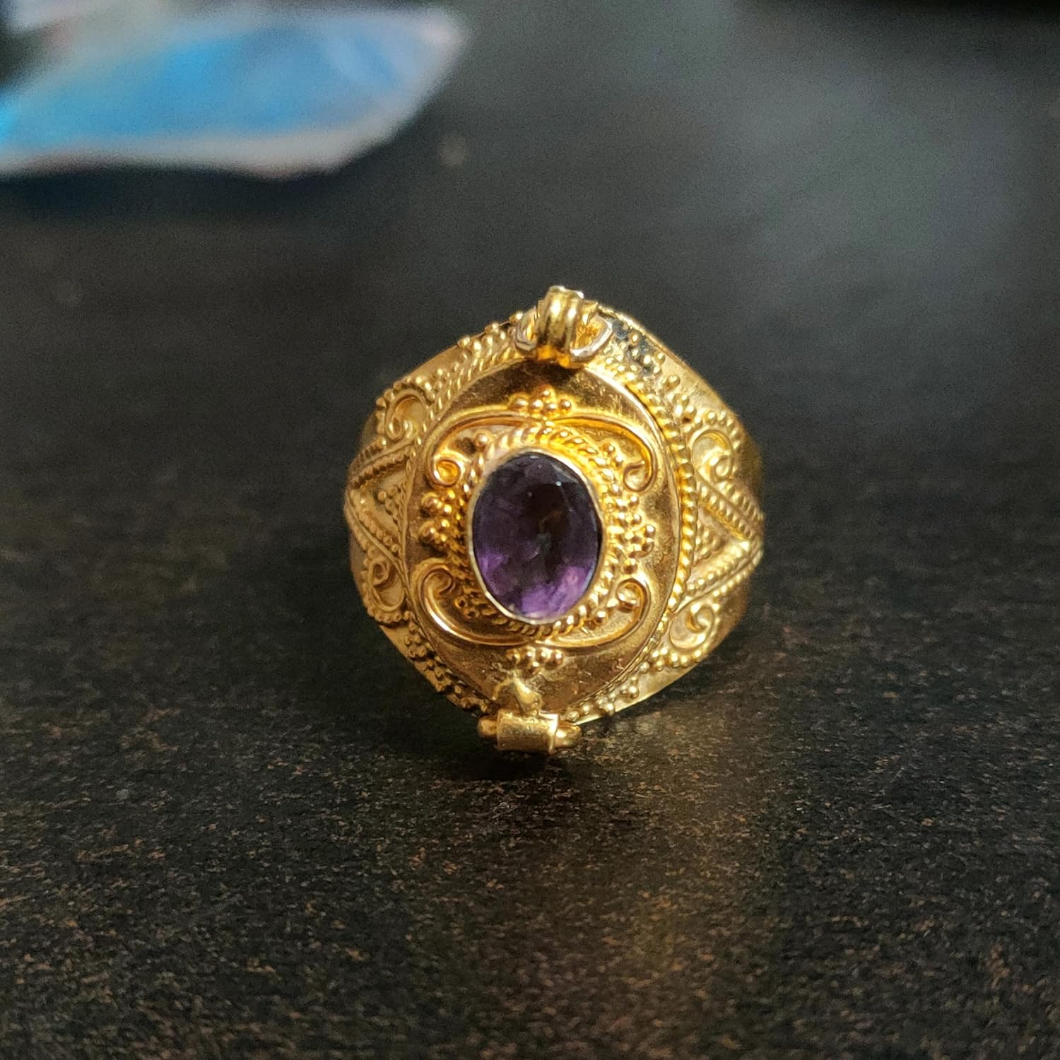 Beautiful Designer Oval Shape Poison Box Ring With Golden Plated Material And Amethyst Stone For Daily And Party Wear Ring| Poison Ring