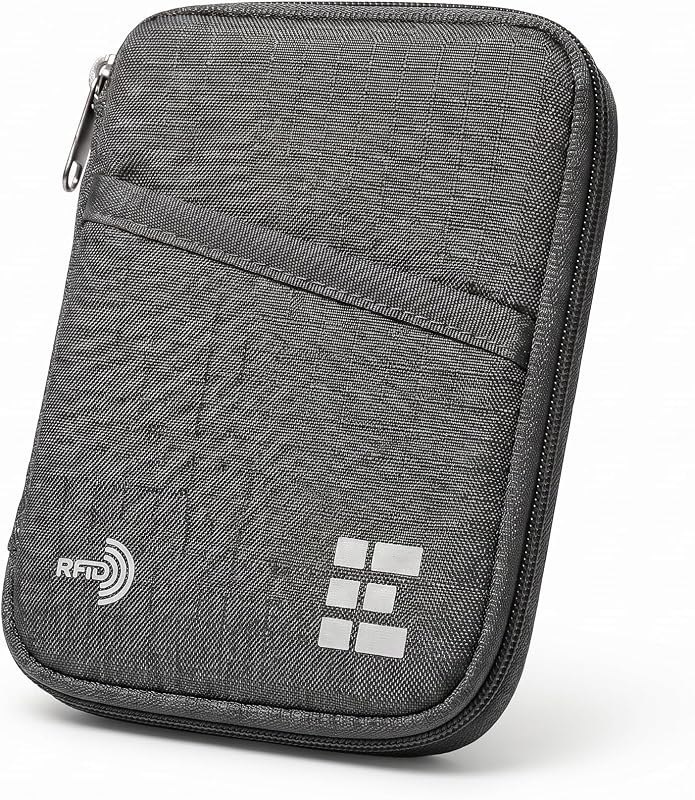 RFID Passport Holder for Passports & Cards, Zippered, Grey