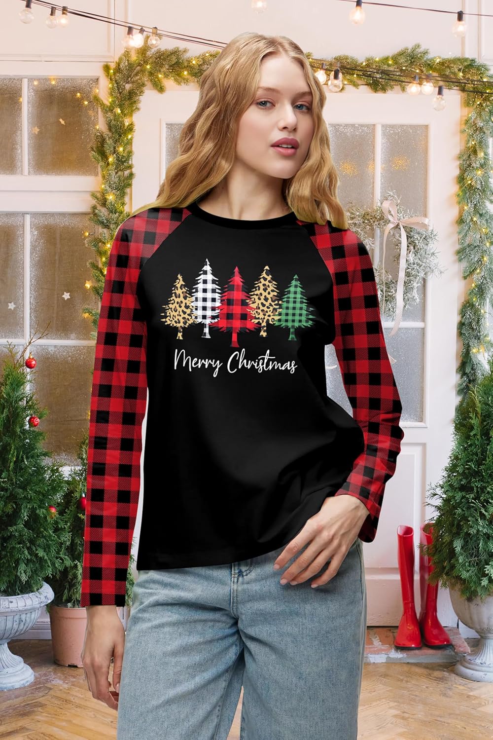 Christmas Shirts for Women: Merry Christmas Shirt Xmas Tree Tshirt Holiday Long Sleeve Plaid Tops Blouse - Image 3