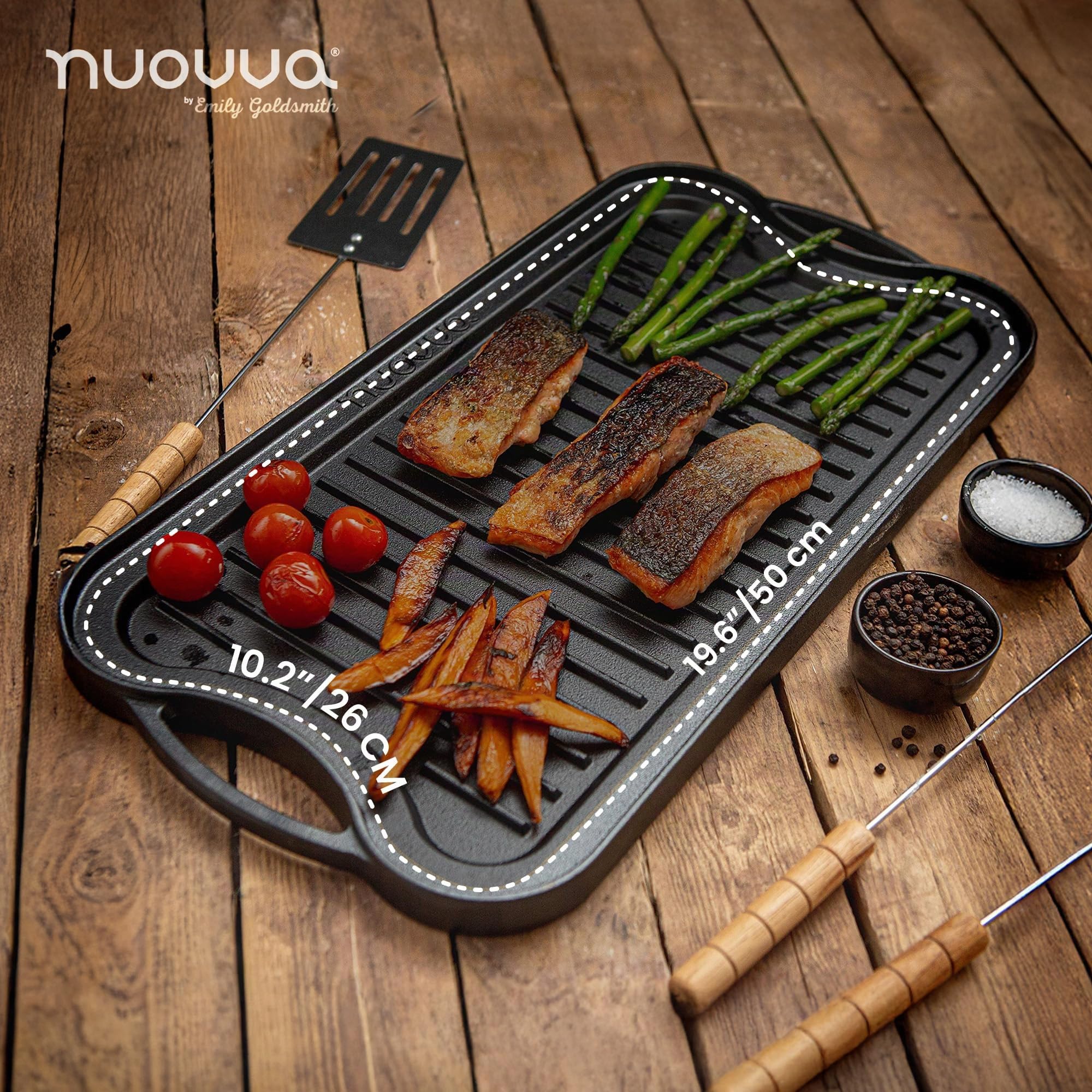 Piastra in ghisa per piano cottura a gas e grigliate su due lati, pre-stagionata, per una cucina sana e deliziosa, superficie piatta e scanalata, 50 x 25 cm