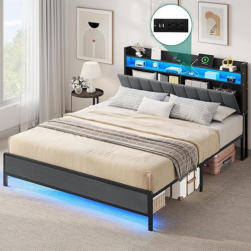 YITAHOME King Size Bed Frame, LED Bed Frame with Storage Headboard, Platform Upholstered Bed with Charging Station, Heavy-Duty Metal Slats, No Box Spring Needed, Fast Assembly - Gray