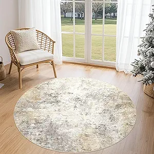 4ft Round Area Rug Living Room Rugs - 4x4 Washable Neutral Modern Abstract Soft Thin Rug Indoor Floor No Slip Rug Carpet for Bedroom Under Dining Table Home Office Decor - Golden Grey