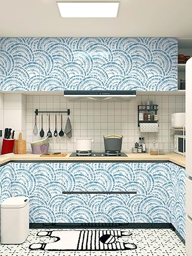 Miniatura 7 de Toduso Papel tapiz geométrico azul para despegar y pegar, papel tapiz circular blanco y azul de 17.3 x 393.7 pulgadas, papel tapiz extraíble para