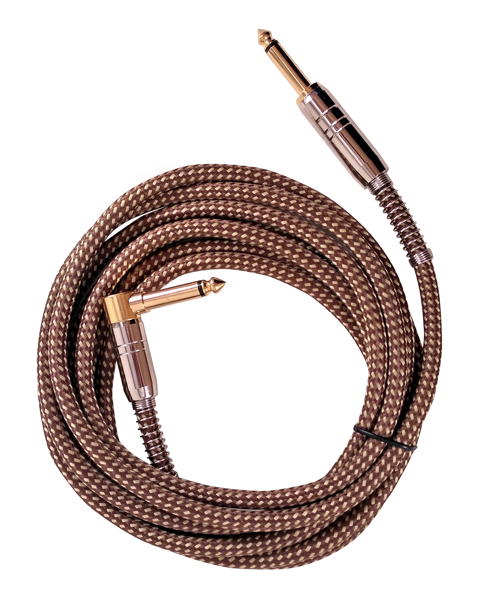 Guitar Cable 3m For Electric Guitar, Acoustic & Bass Guitars, Violins, Amps by JiGMO | Straight-L-Shaped ¼ Inch plug | Metal Spring Reinforcement, Gold Brown Tweed Cloth Jacket