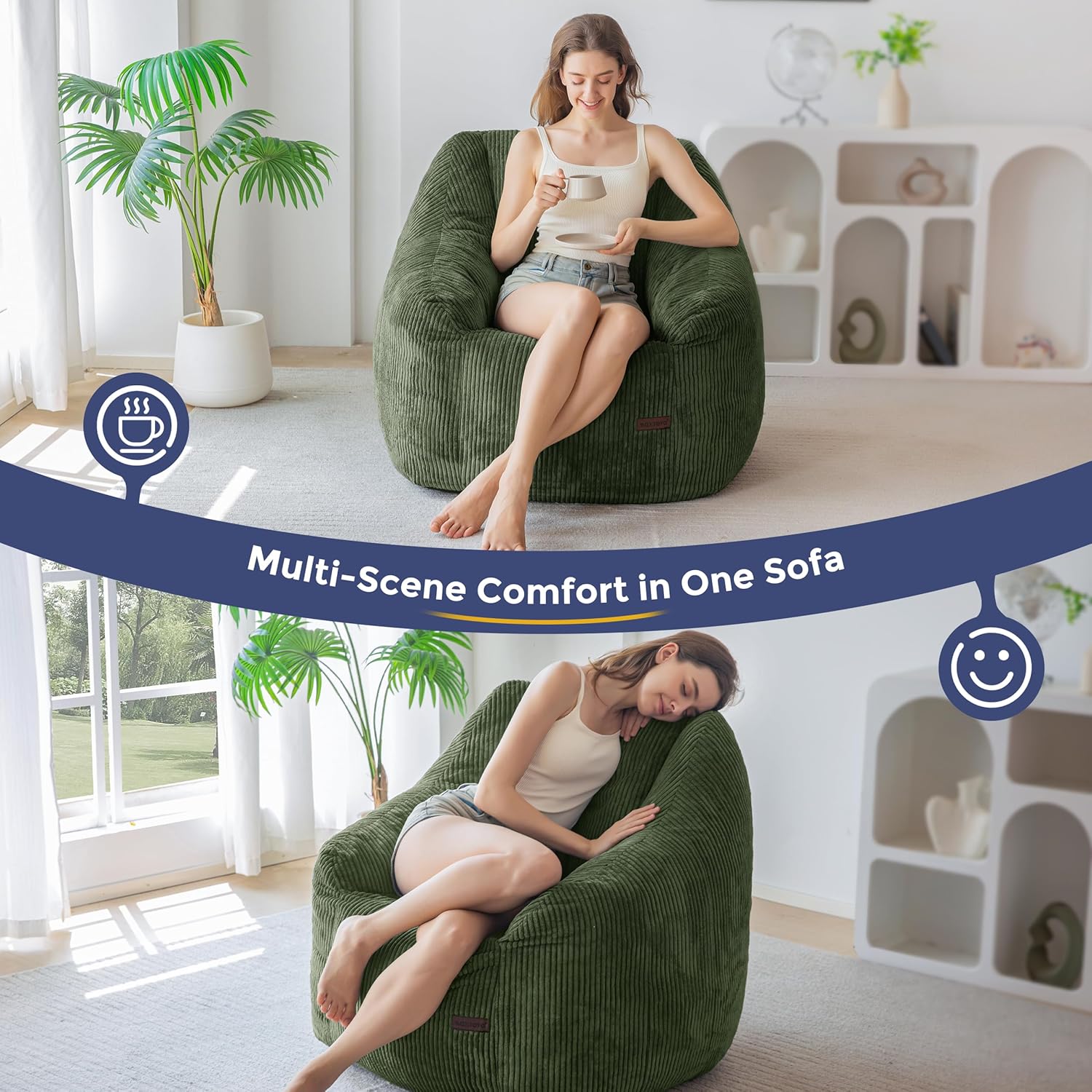 MAXYOYO Bean Bag Chair, Bean Bag Sofa with Filler, Cozy Living Room Chair for Adults and Kids, Stuffed Floor Sofa for Bedroom Dorm Reading, Dark Green