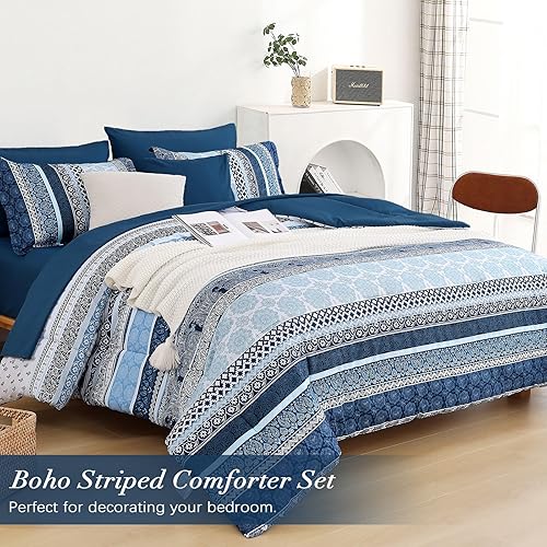 Miniatura 9 de Juego de edredón bohemio tamaño King, 8 piezas verde oscuro bohemio a rayas en una bolsa, juego de edredón de microfibra suave de cachemira