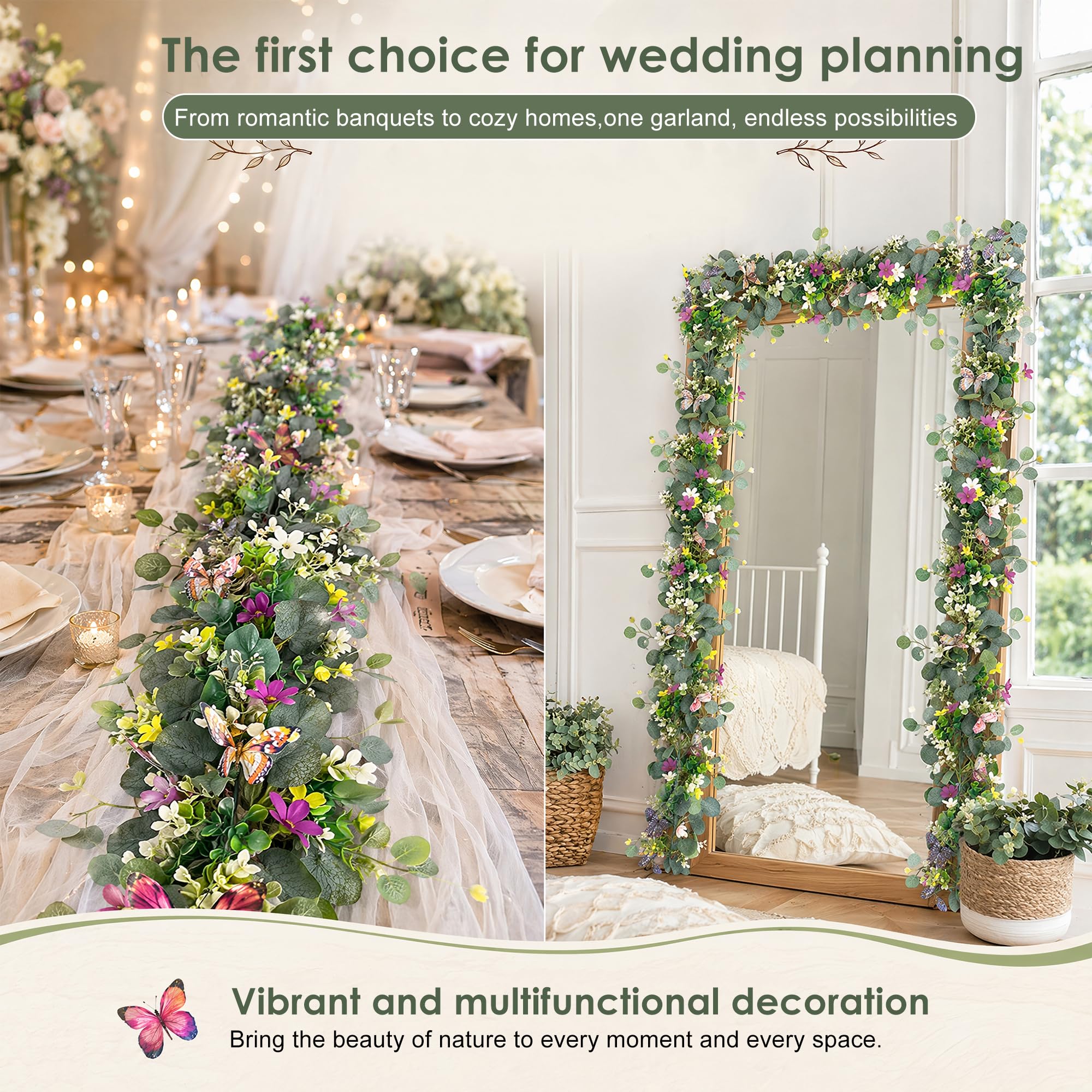 4 Pièces Guirlande Fleurs Artificielles 1.8m avec Fleurs Blanches et Papillons 3D Guirlande Eucalyptus Plante Artificielle de Fleur Fausse Plantes pour Murale Mariage à Maison Décoration