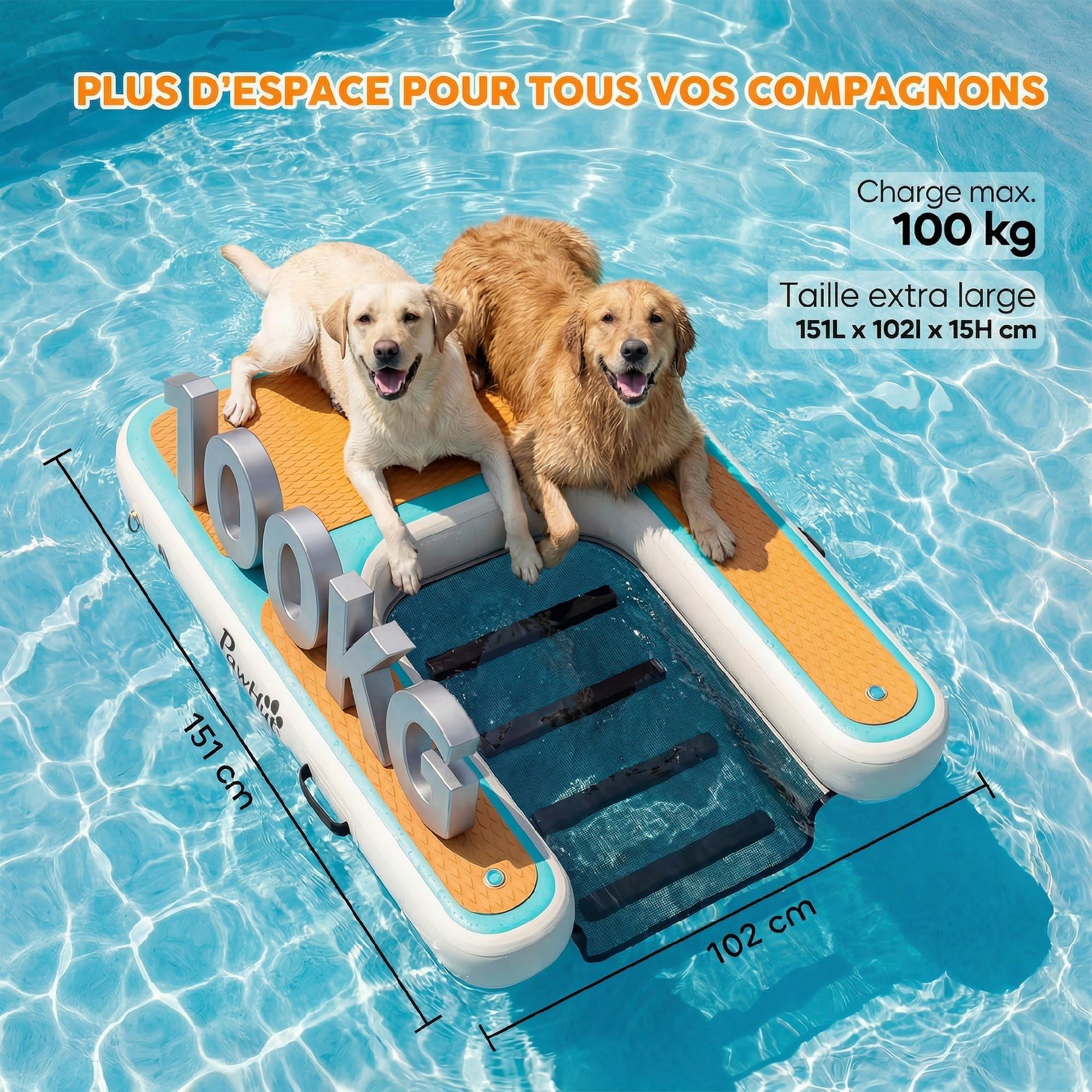 PawHut Rampe d'Eau Gonflable pour Chien jusqu'à 100kg 151x102x15cm Orange | Rampe Gonflable pour Chien, Anneaux D, cordes, pompe et sac de rangement, surface antidérapante