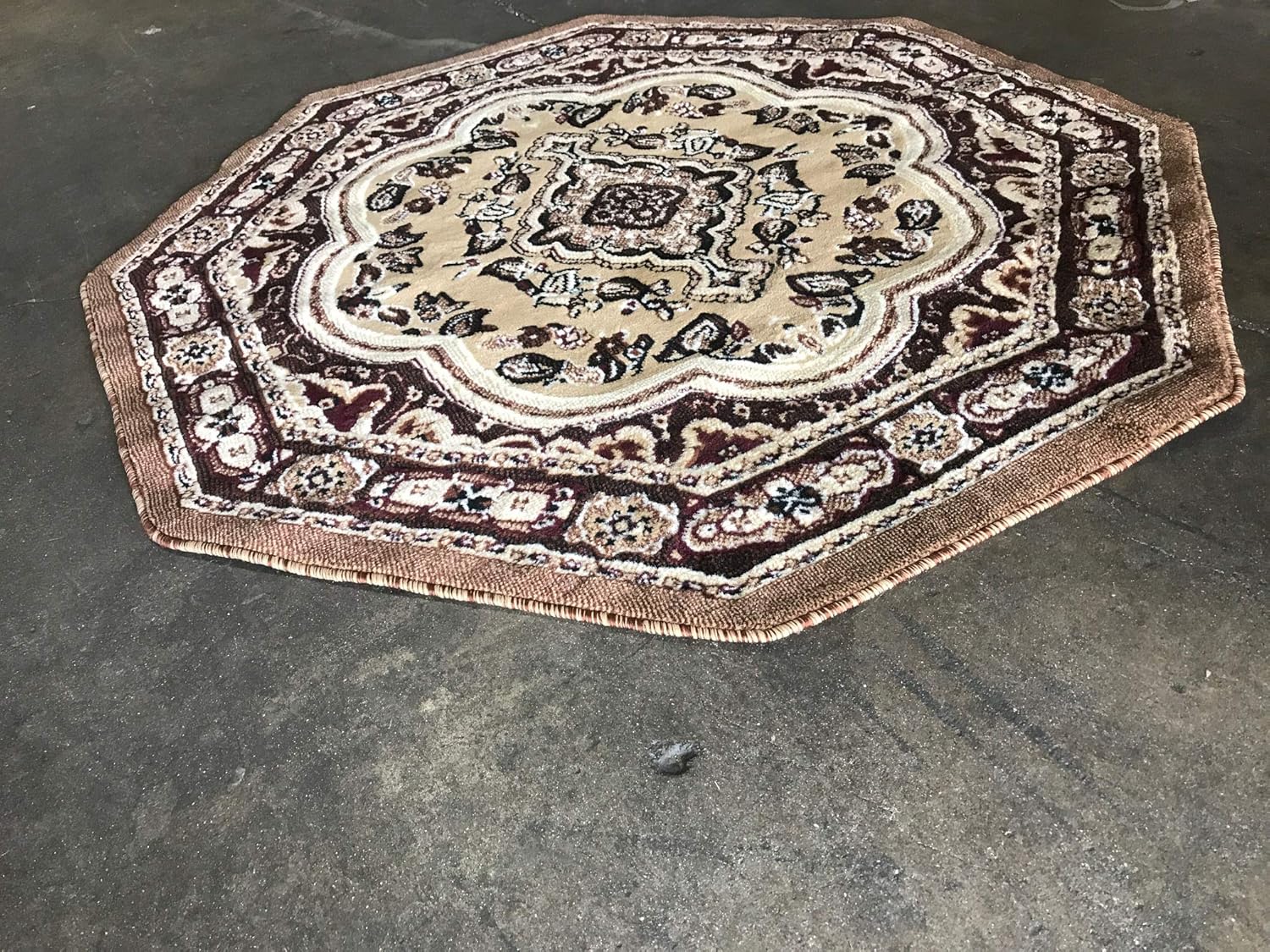 emirates Traditional Octagon Rug Beige Brown Burgundy & Black Design 520 (4 Feet X 4 Feet)