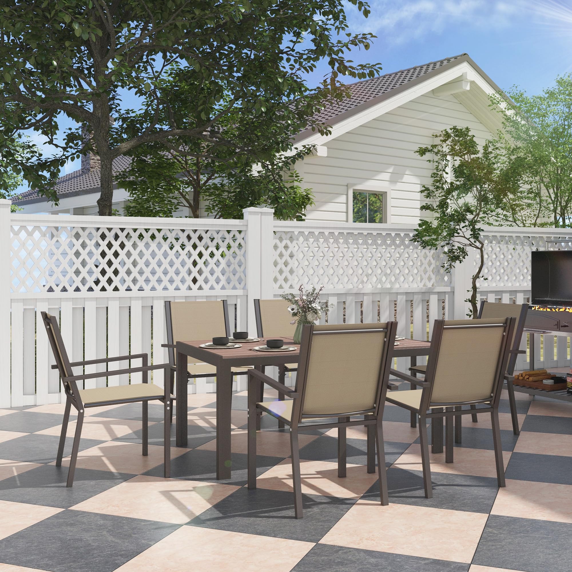 Outsunny Set da Giardino 7 Pezzi in Acciaio e Plastica, Set Mobili da Esterno con 6 Sedie Impilabili e Tavolo Rettangolare, Kaki e Marrone