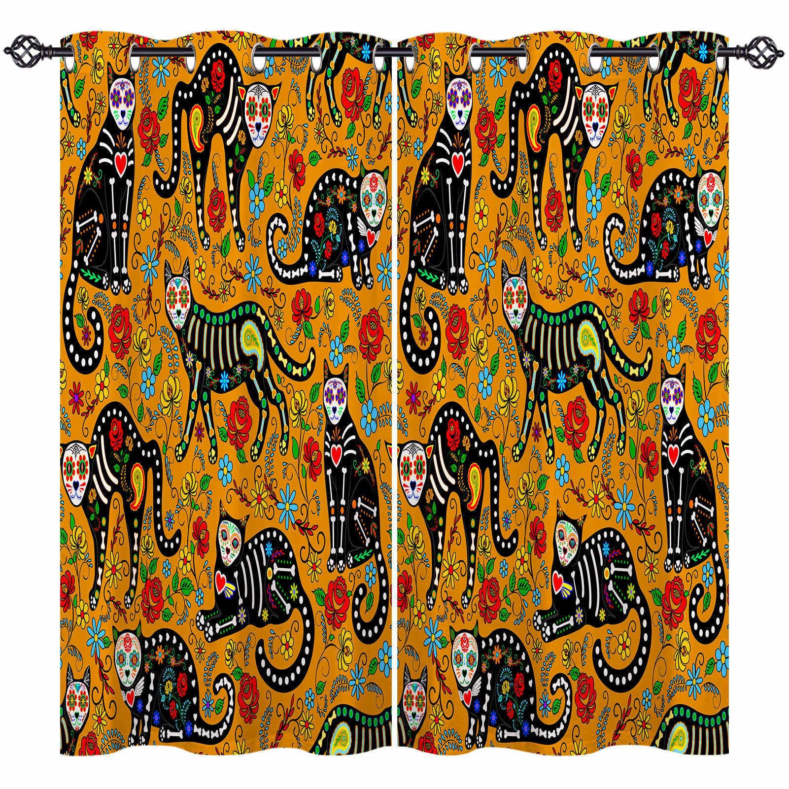 ANHOPE Cat Curtains Eyelet Blackout Thermal Insulated Curtains Sugar Skull Black Animal Cats Print Pattern Soft Soundproof Privacy Window Drapes for Bedroom Living Room 52 x 63 Inch 2 Panels โ image 1