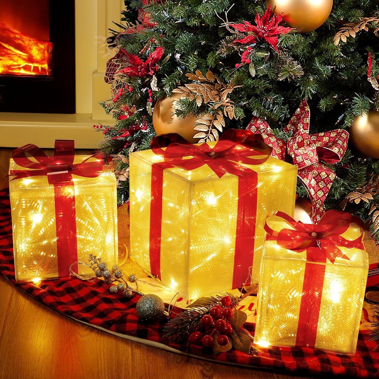 Lulu Home Christmas Box Decorations, Set of 3 Light Up Christmas Present Boxes with Red Bows, Plug-In 60 LEDs Warm White Lighted Xmas Boxes for Christmas Tree Holiday Indoor Outdoor Decors : Patio, Lawn & Garden