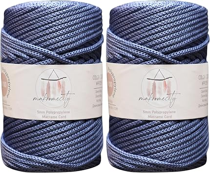 Makromecity, 2 Skeins of Polyester Macrame Cord 5mm x 104 Yards 311 feet 5mm Polypropylene Denim Blue Macrame Cord Crochet Macrame Bag Cord Crafts for Wall Hangings, Bags, Underplate, Rug