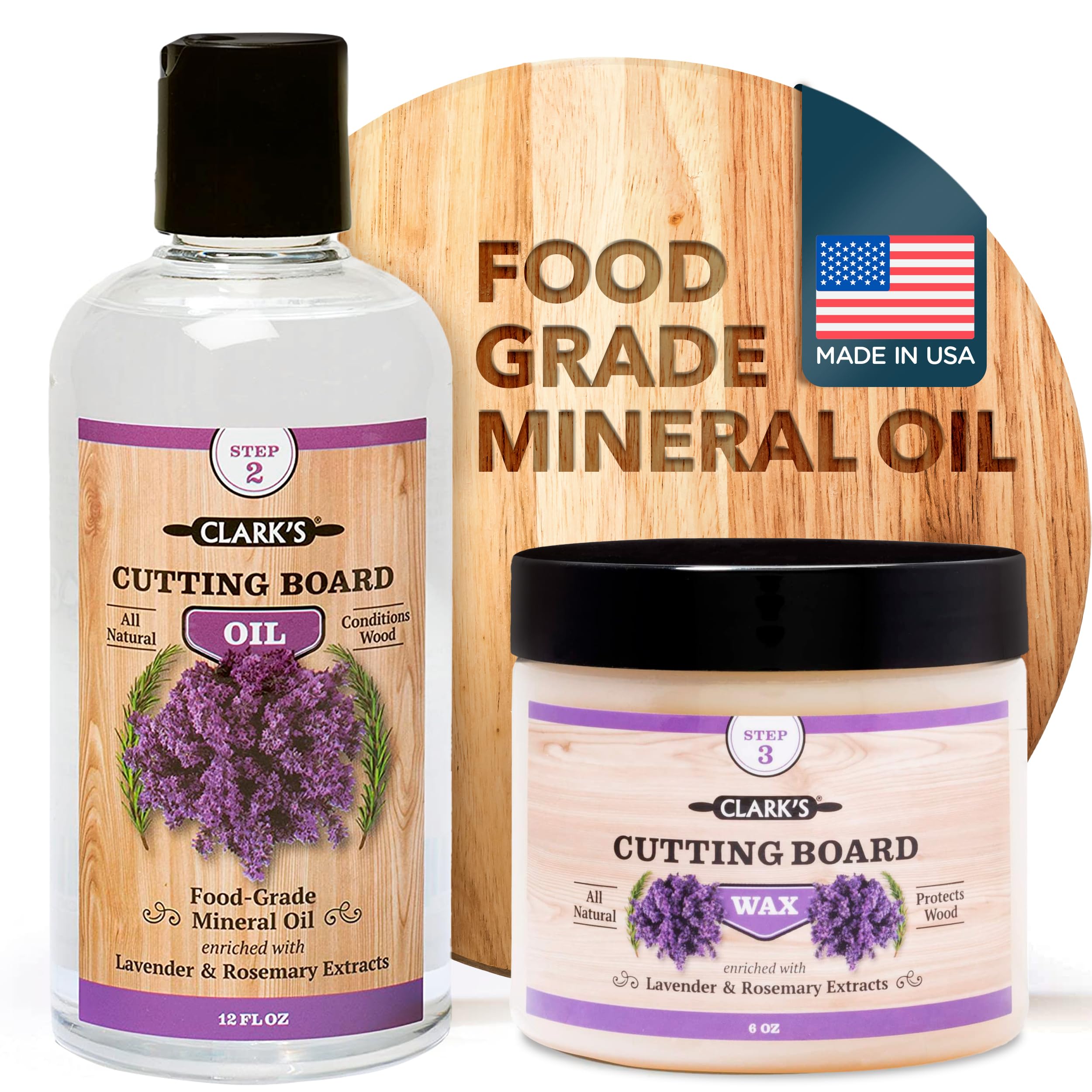 CLARK'S Chopping Board Oil & Wax Set - Includes Oil (355ml) & Wax (177ml) - Lavender & Rosemary Scent