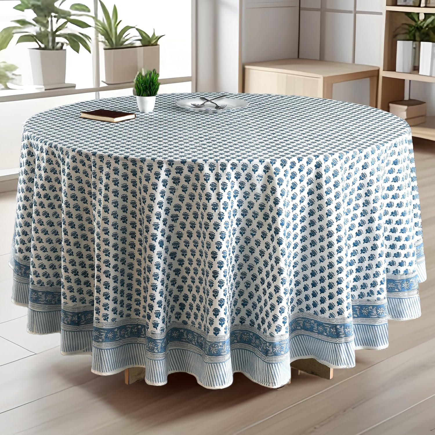 CPC Round Tablecloth- Cotton Indian Block Print Tablecloth -Handmade Printed Washable Cotton Table Cloth - Spring/Summer, Wedding Table Cover - Apatite Blue 60 Inches