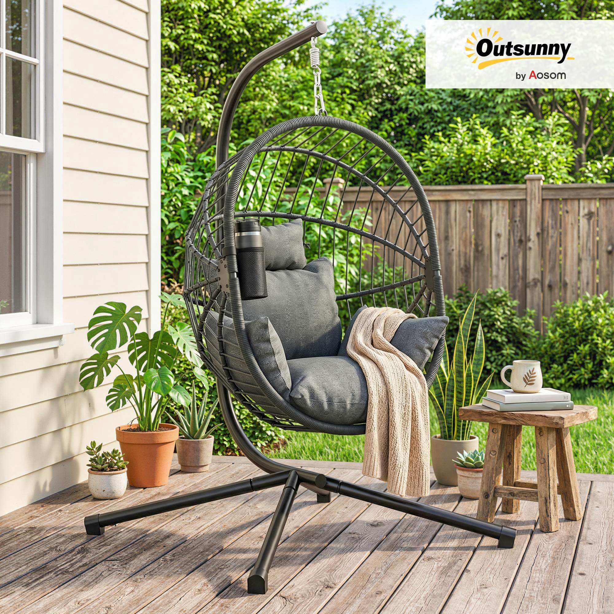 Outsunny Silla Colgante Huevo con Soporte Columpio Jardín Exterior con Cesta Plegable Cojín y Reposacabezas Columpio Colgante para Interior y Exterior Carga 120 kg Gris