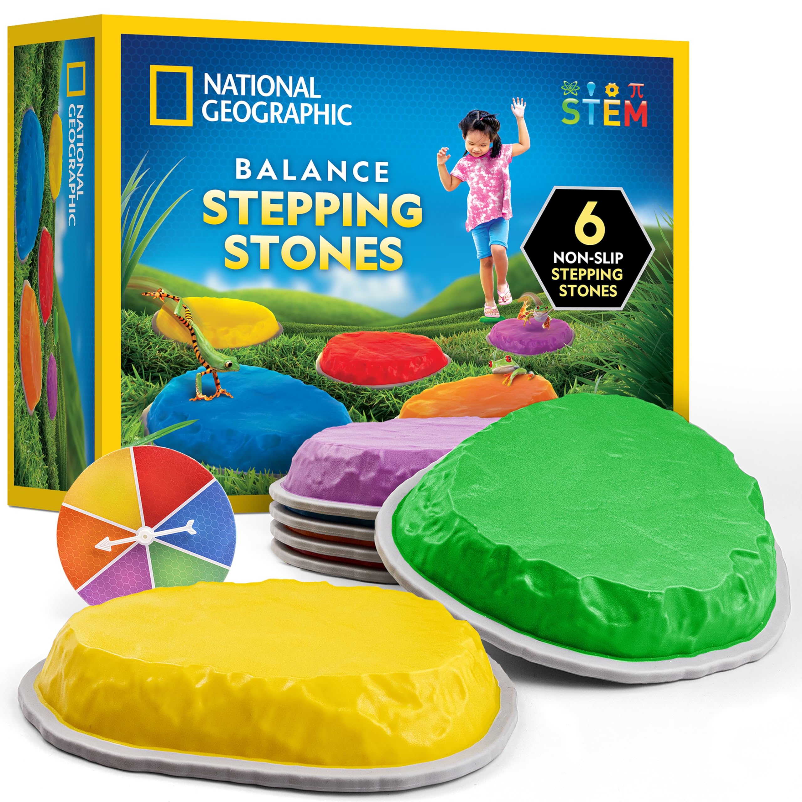 NATIONAL GEOGRAPHIC 6 Durable Non-Slip Stepping Stones - Kids Balance & Motor Skills, Indoor & Outdoor Toys, Obstacle Course (Amazon Exclusive, 3+ Years, 6 Stones, Spinner Wheel)