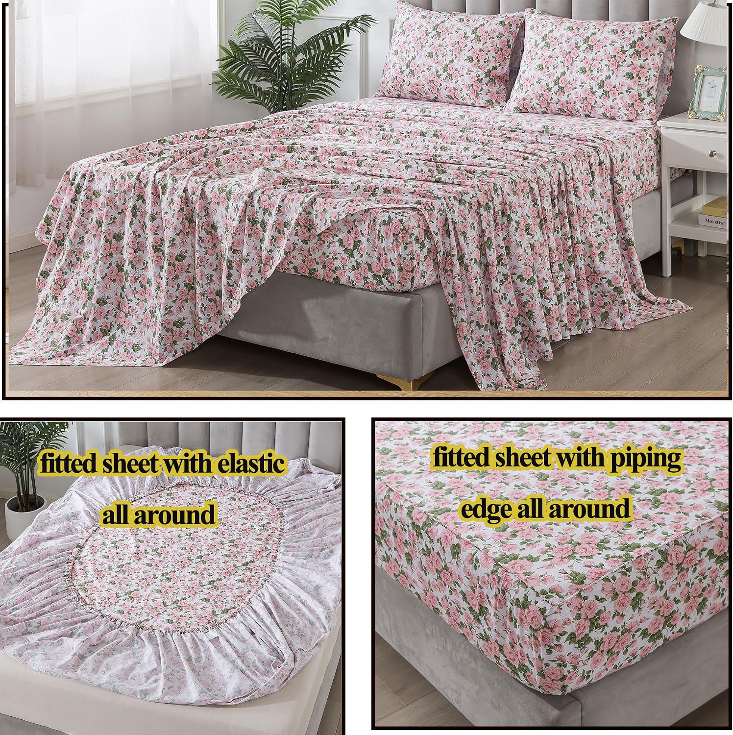 FADFAY Sheets Set Queen Pink Rose Floral Bedding Rustic Peony Flower Bed Sheet Set Vintage Farmhouse Bedding 100% Cotton Soft Breathable Collection with Deep Pocket Fitted Sheet 4Pcs, Queen Size