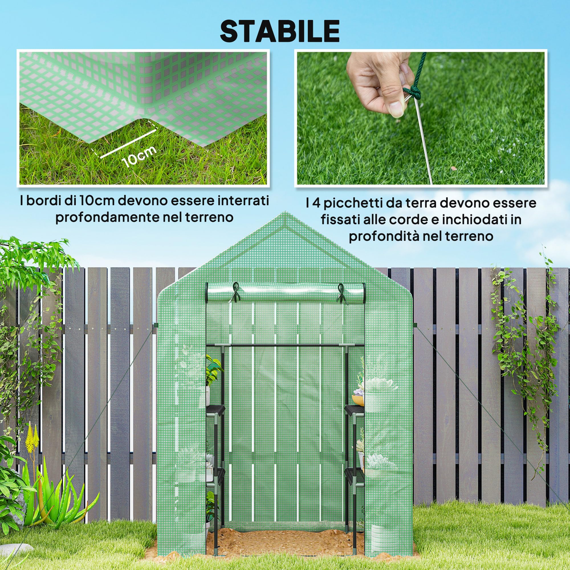 Outsunny Serra da Giardino con Ripiani a 3 Livelli 142x73x195 cm Verde | Porta Avvolgibile a Zip, Serra per Orto, Struttura in Acciaio, Copertura PE, Verdure Fiori Frutta, Anti UV, Giardinaggio