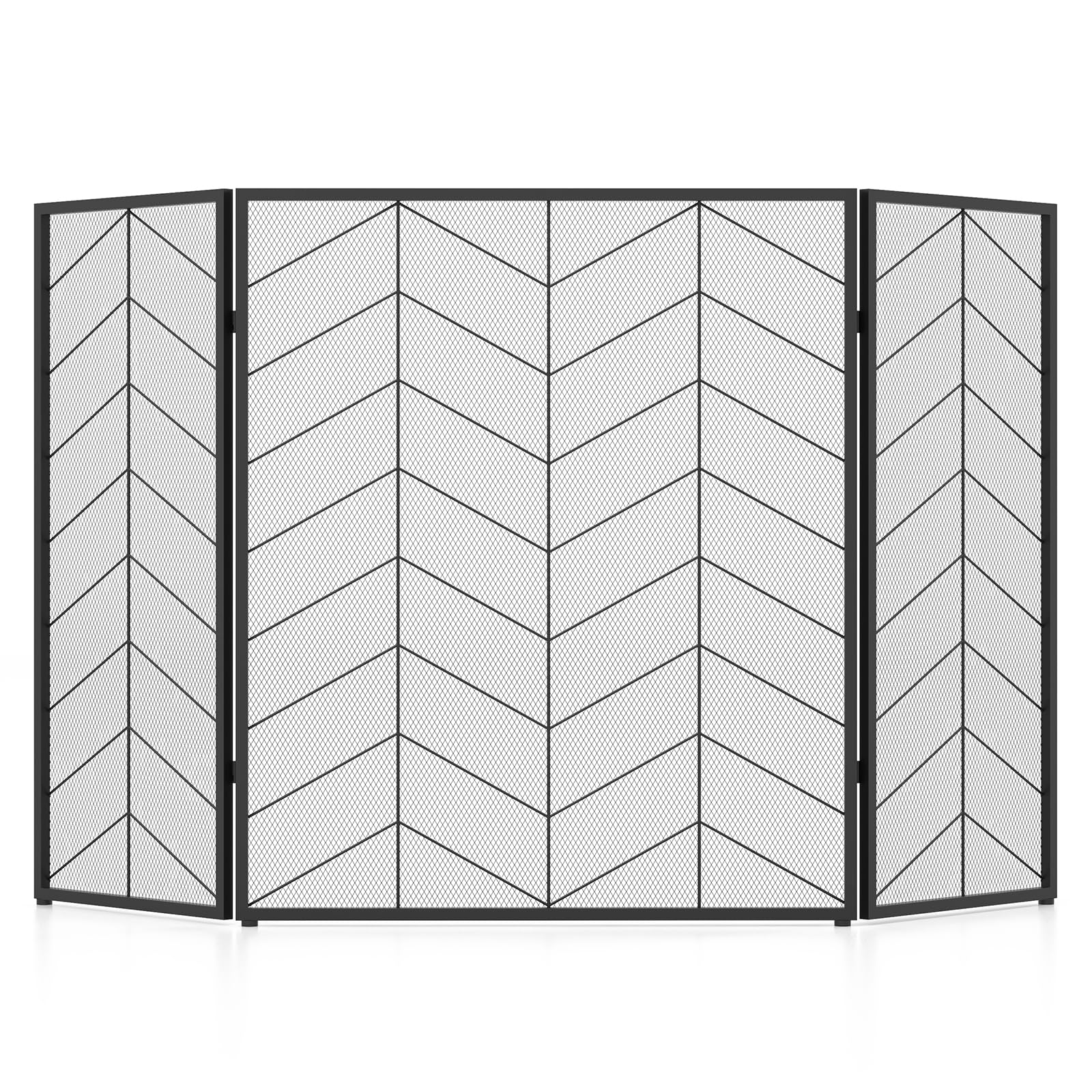 GiantexUK 3-Panel Folding Fire Guard, Heavy Duty Metal Mesh Fireplace Screen, Decorative Freestanding Spark Guard Safety Barrier for Child Baby Pet Open Fire, Black (Herringbone Pattern, 132x79cm)