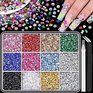 6360 PCS 2-3 MM Muliti Shape Colorful Rhinestones for Nail Art, 3D Resin Flatback Bedazzling Gems Mini Flower Bow Heart Star Butterfly, Kawaii Women Rhinestone Kit with Tweezers and Pickup Pencil