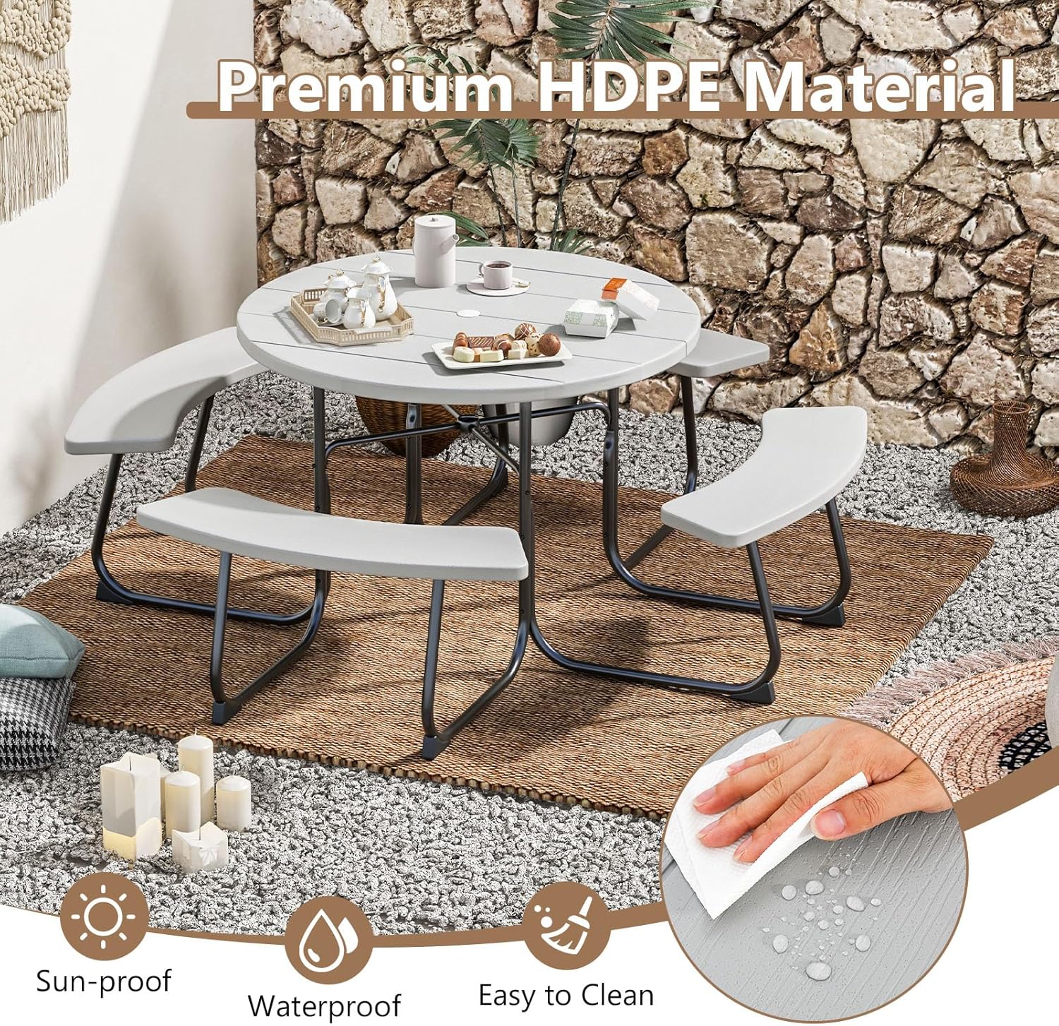 HOMGX 8 Person Picnic Table Set, Round Outside Table Bench Set w/ 4 Built-in Benches & Umbrella Hole, 2000LBS Capacity, Metal Frame & HDPE Top, Outdoor Dining for Patio, Garden, Backyard (Grey)