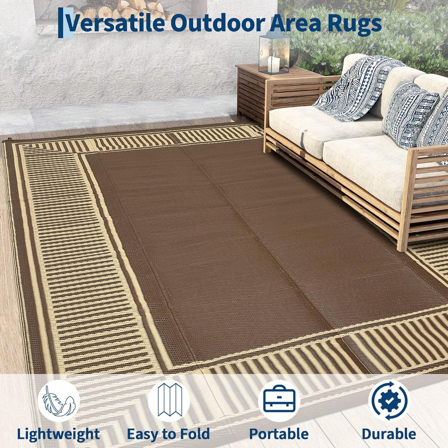 GAOMON Large Outdoor Rugs for Patio 10x14 Portable Outdoor Carpet, Reversible Plastic Straw Rug Camping Mat Waterproof Outside Rug for RV, Porch, Deck, Balcony, Beach, Picnic, Backyard,Border-Brown