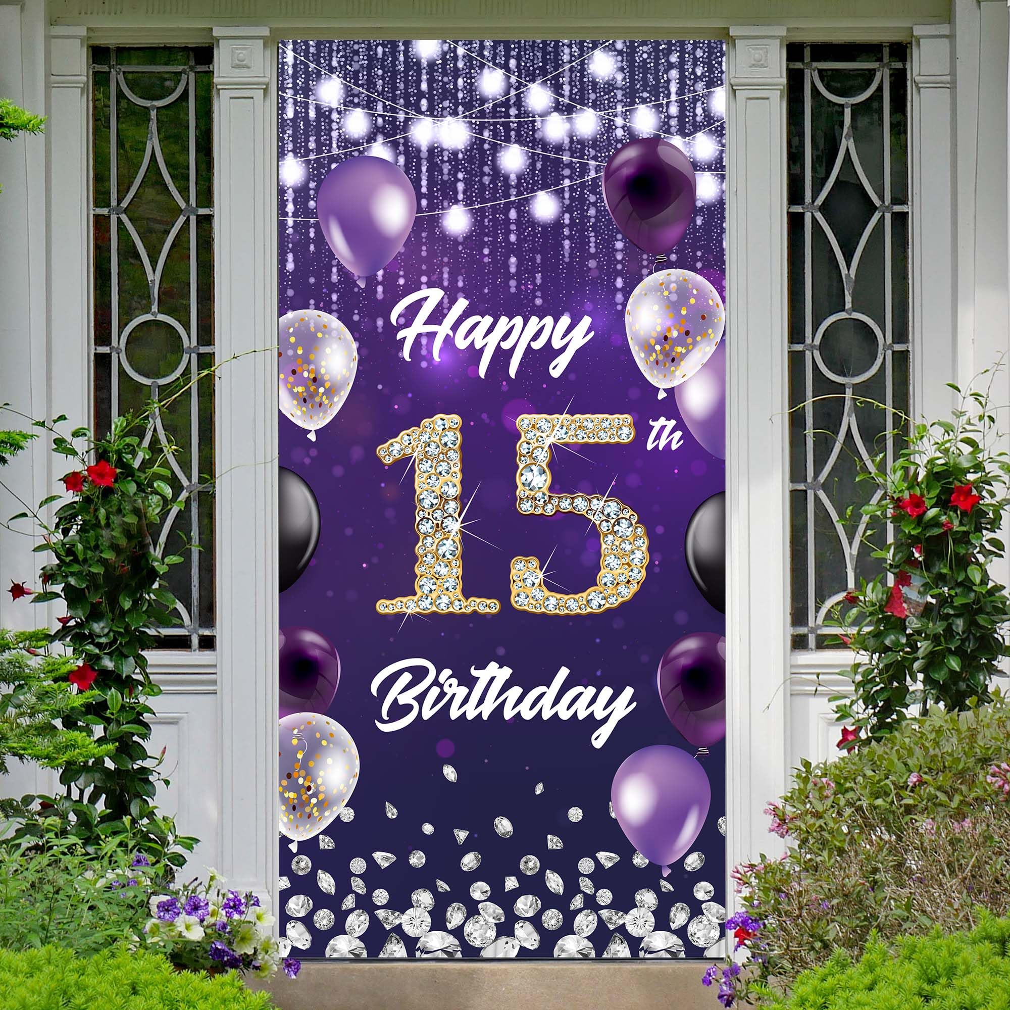 Happy 15th Birthday Backdrop Banner Purple Theme Background with Shiny Diamond Noble Elegant Birthday Party Photo Photography Prop Booth Door
