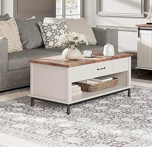 Miniatura 6 de WAMPAT Mesa de centro blanca moderna de granja con patas de matel negro, mesa central rectangular de madera con 1 cajón de almacenamiento para sala