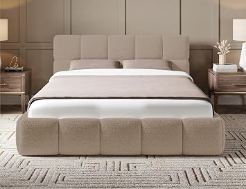 Luxury Cloud Teddy Boucle King Size Bed Frame 5ft, Modern Teddy Boucle Upholstered Design, Luxury King Size Beds for Stylish Bedrooms, Strong 5ft Bed Frame with Wooden Slats in Mink Boucle