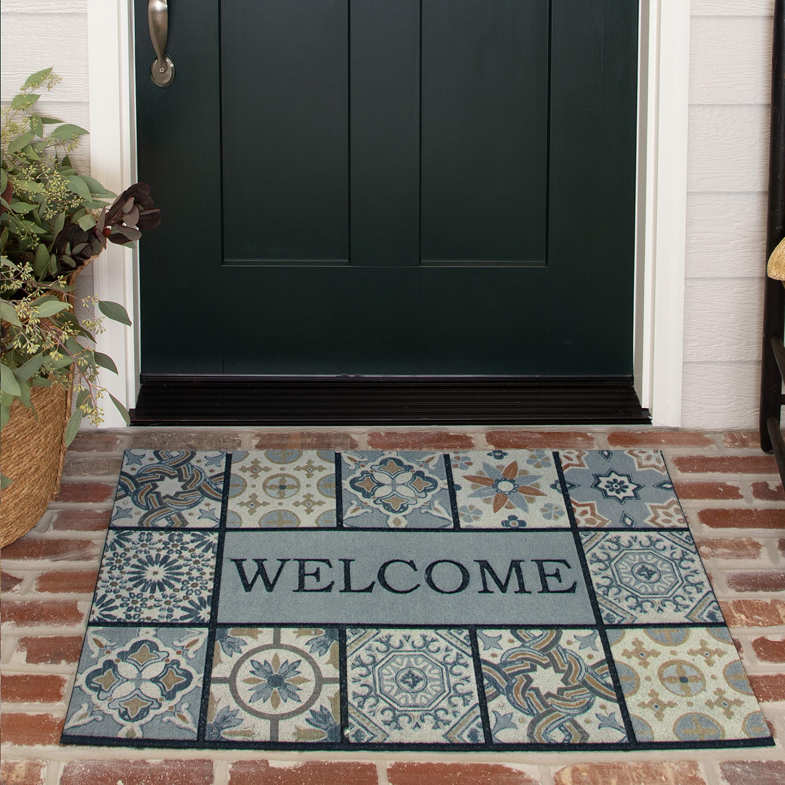 Mohawk Home Entryway Door Mat 2' x 3' I thing it’s broken)All Weather Doormat Outdoor Non Slip Recycled Rubber, Welcome Patina Tiles Grey