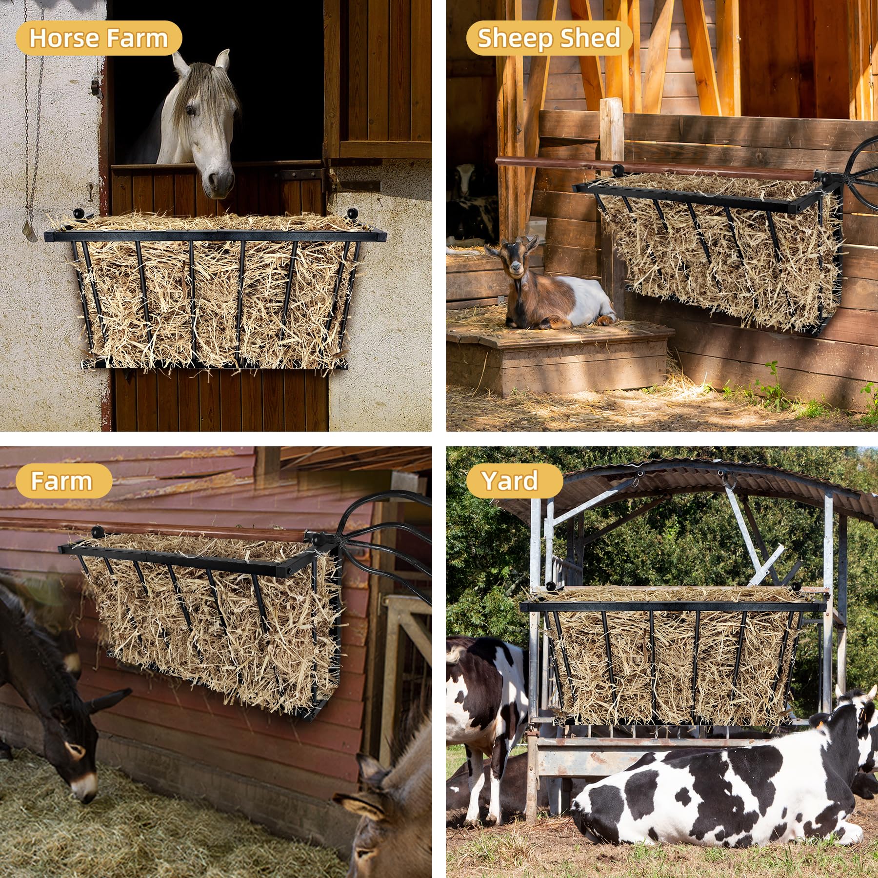 Condition photo showing As Is for hay feeder, 27'' long horse goat hay rack, 16 gallon large capacity, heavy duty iron hay feeder wall mount for horses, sheep, goats, indoor outdoor uses, effortless installation in farm, yield