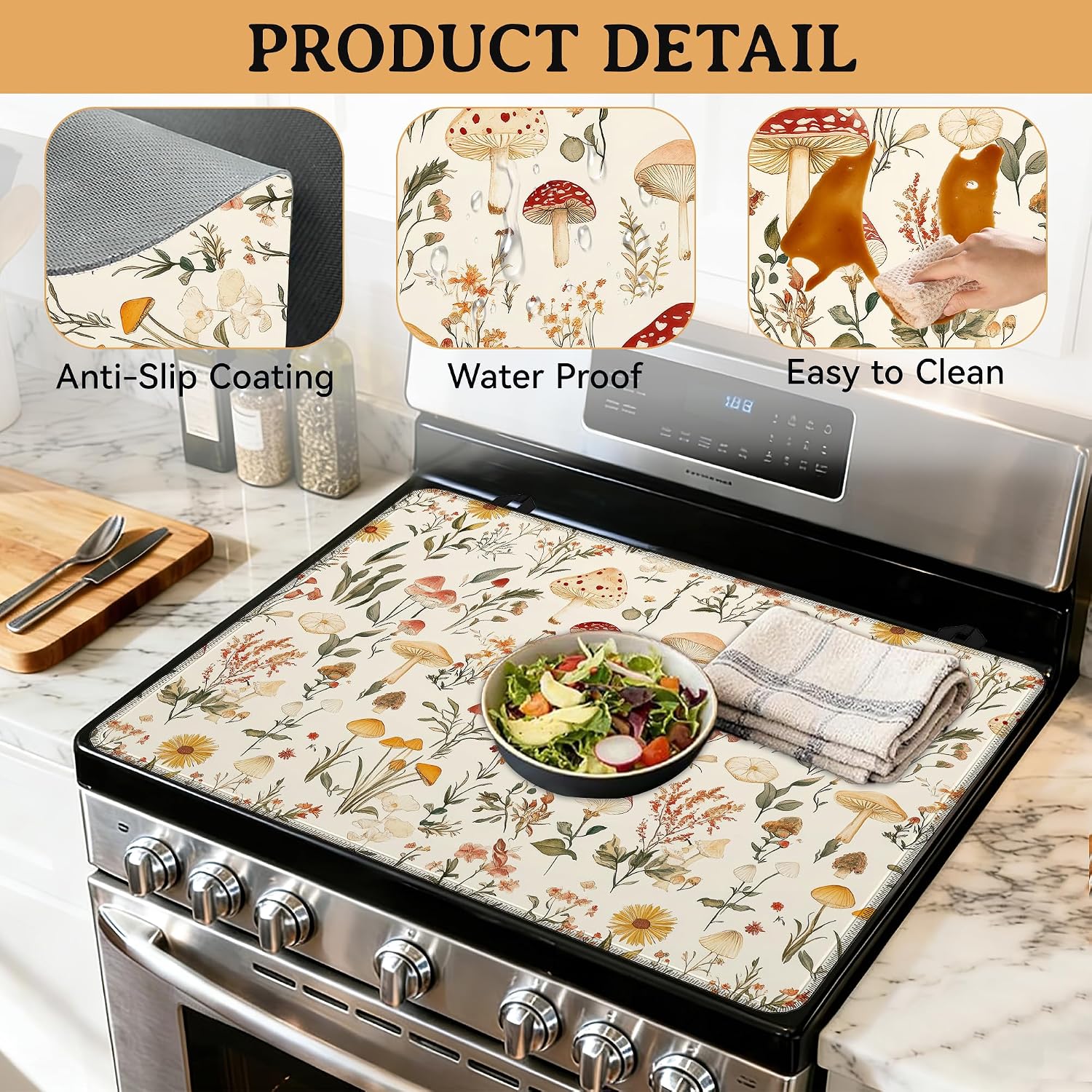 Stove Cover Mushroom Stove Top Covers for Gas Burners Home Decor Kitchen Pad Non-Stick Washable Cooktop Covers Countertop Protector 28"x20"