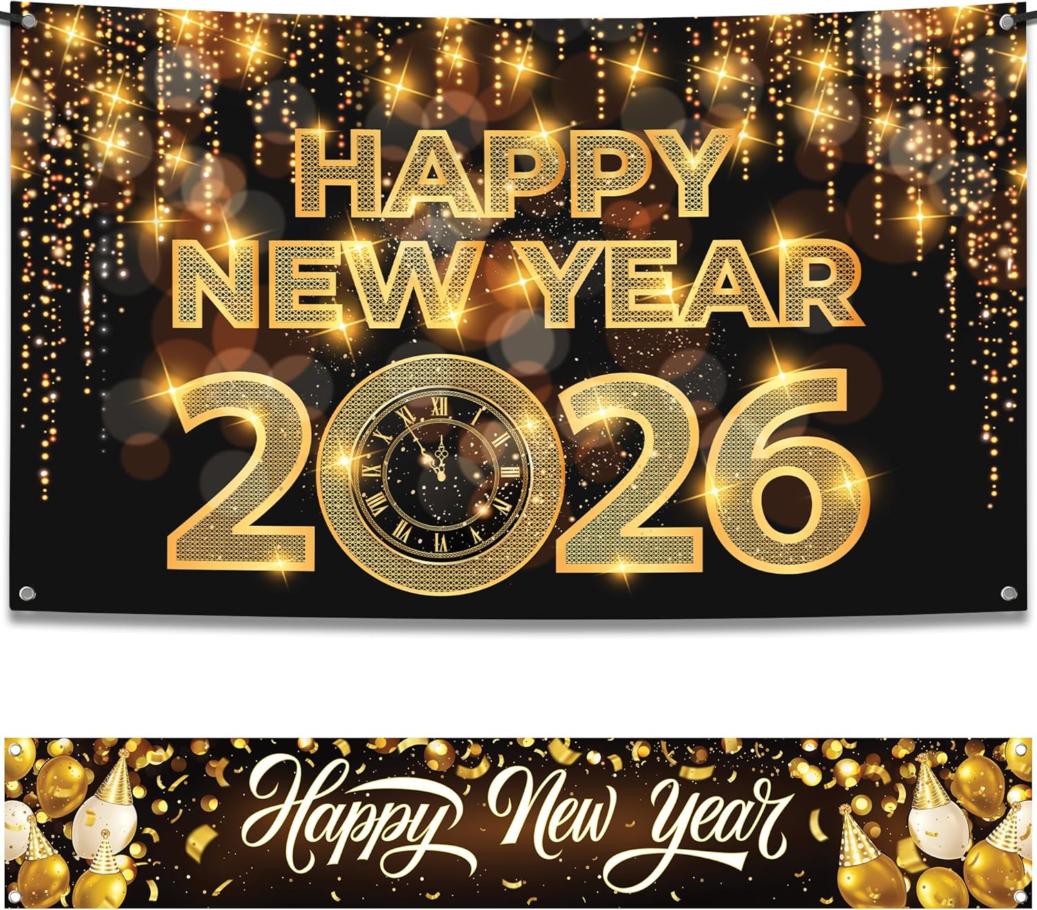 KatchOn, Happy New Years Decorations 2026, Pack of 2 | XtraLarge Happy New Year Backdrop Banner with Gold Happy New Year Yard Banner | New Years Eve Party Supplies 2026