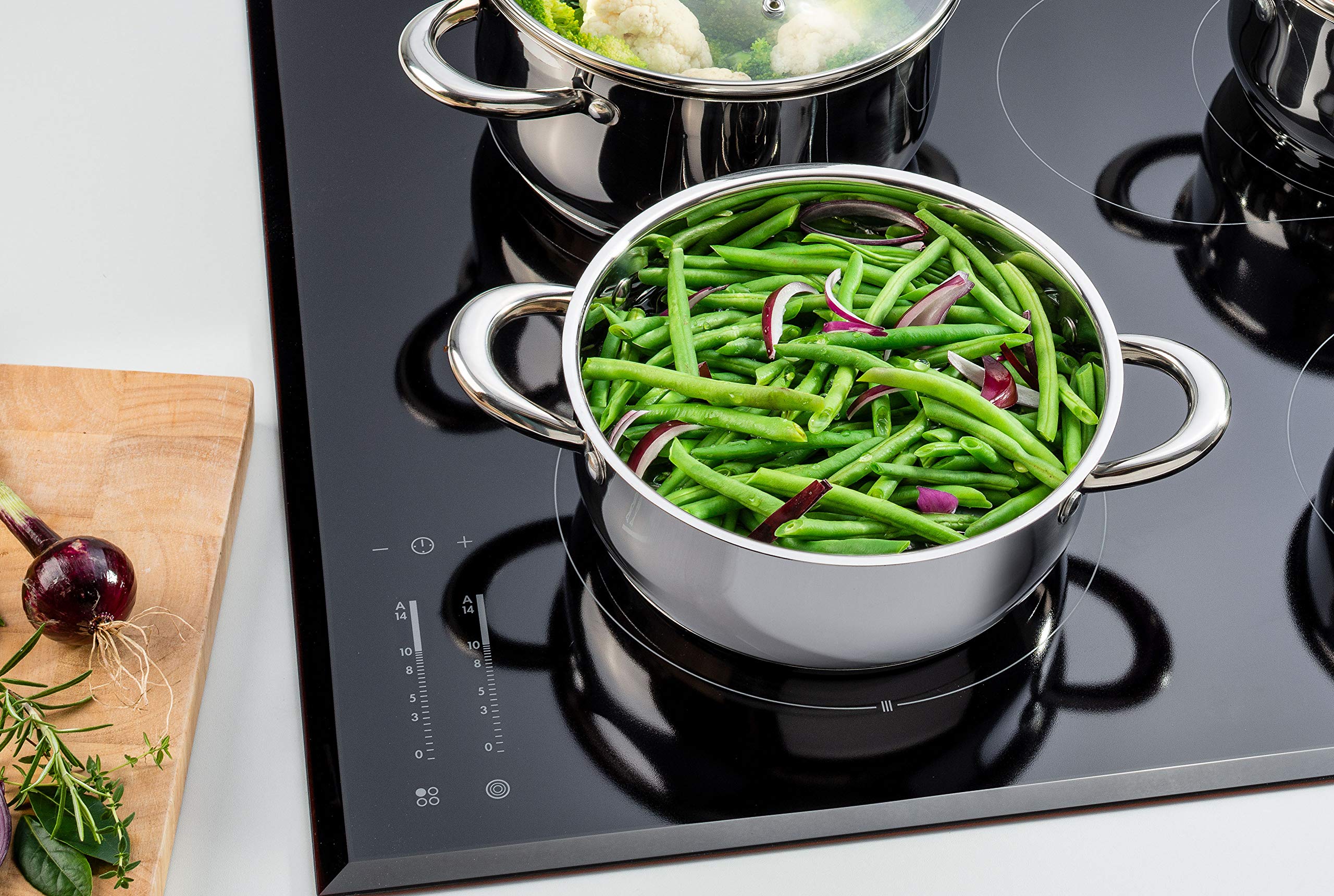 Linnuo Topfset Induktion - 4 Töpfe & 3 Glasdeckel - Kochtopf Set aus hochwertigem Edelstahl - Topf mit hohlem Griff - Nicht heiß beim Kochen - ideales Kochset für kleine Küchen (7tlg. Set)