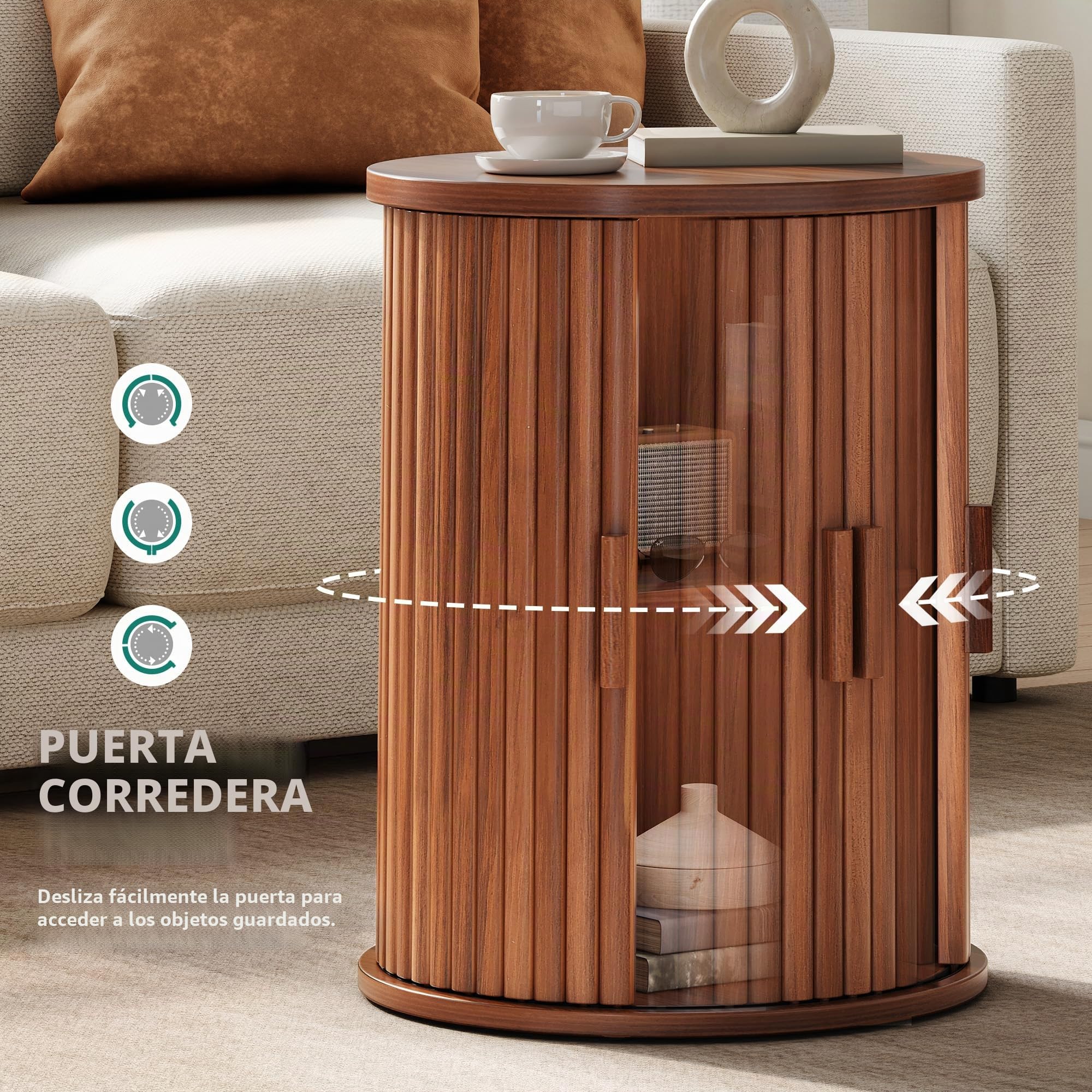 YITAHOME Mesa Redonda con Armario de Puerta corrediza, Mesa Auxiliar con Estante de Almacenamiento de 2 Niveles para Dormitorio, Comedor, Sala de Estar, Oficina en casa o apartamento, Mesa de café