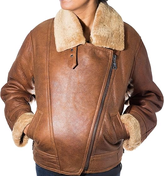 Womens Camel Brown Sheepskin Leather Bomber Jacket Classic Aviator